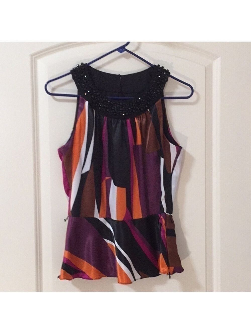 J.B.S. Satin Sleeveless Peplum Top with Beaded Neckline Small